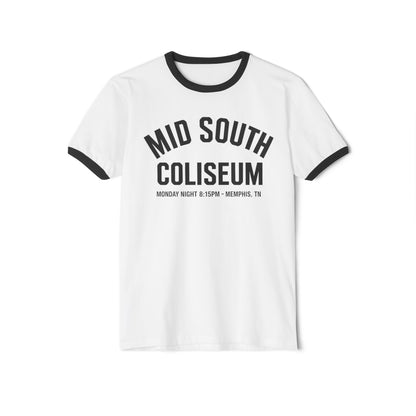 Mid South Coliseum Ringer T-Shirt — Retro Wrestling 60' 70's 80's 90's Vintage Look Uncle Scott Brand